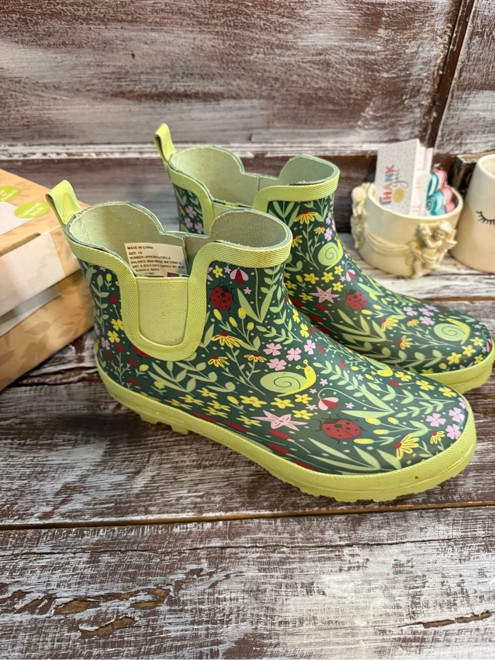 Womens Floral Green Waterproof Chelsea Rain Boots
